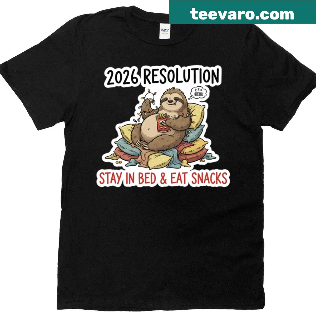 Funny T-shirt with the New Year resolution Stay In Bed And Eat Snacks — on a men's t-shirt