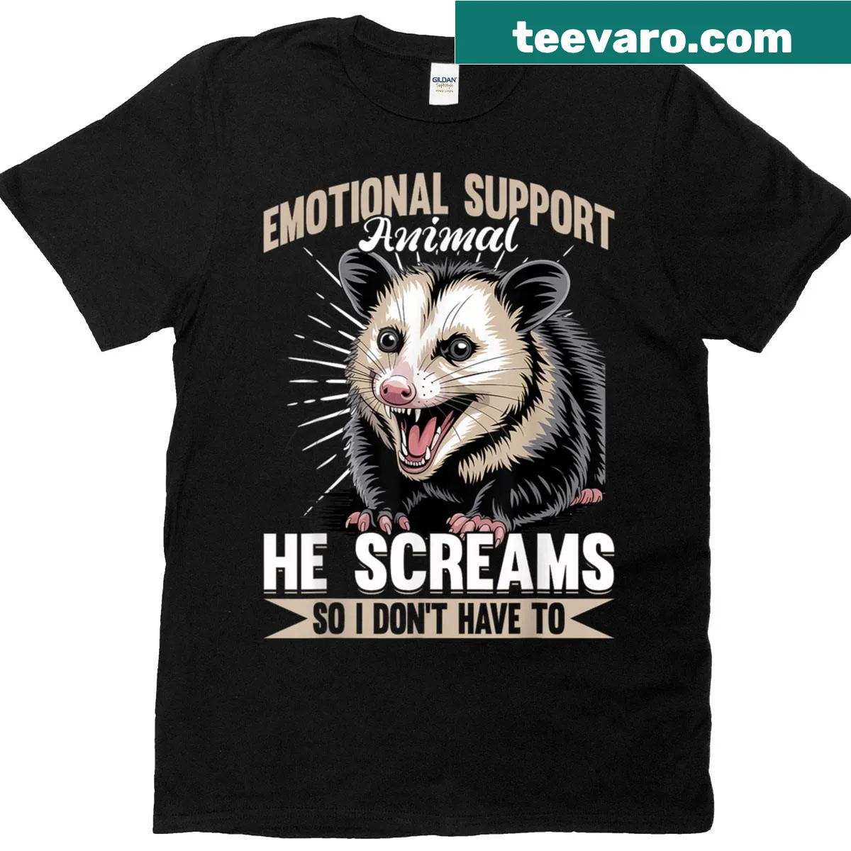 Playful illustration of an opossum on a humorous tee — on a men's t-shirt