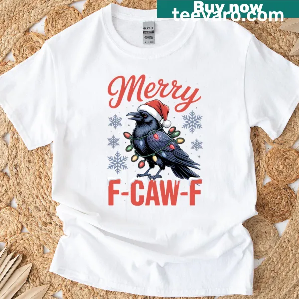 T-shirt featuring a raven in a Santa hat with Christmas lights