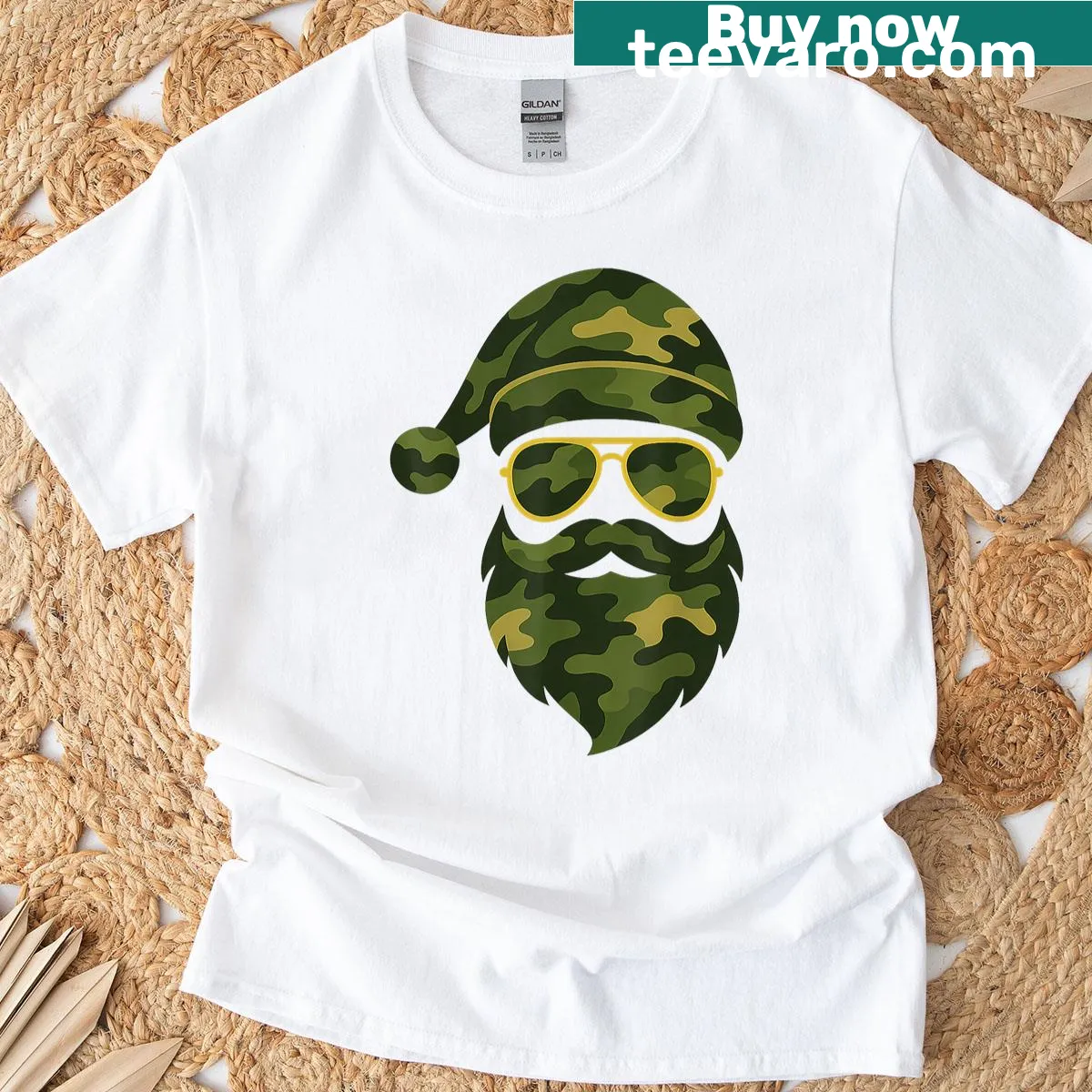 Camo T-shirt featuring a funny Santa face illustration — on a men's t-shirt