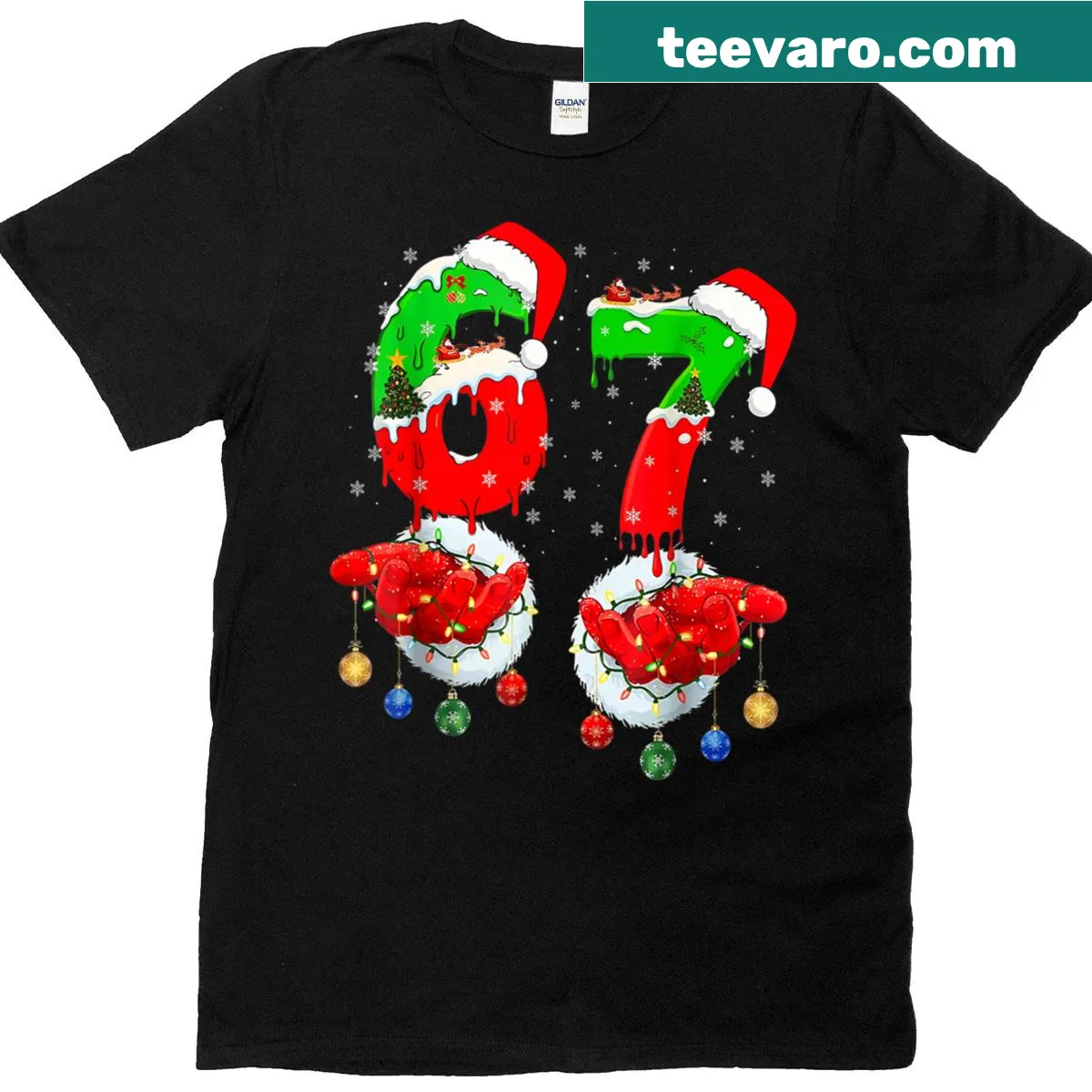 Santa hand graphic with '67' text on Christmas-themed tee — on a men's t-shirt