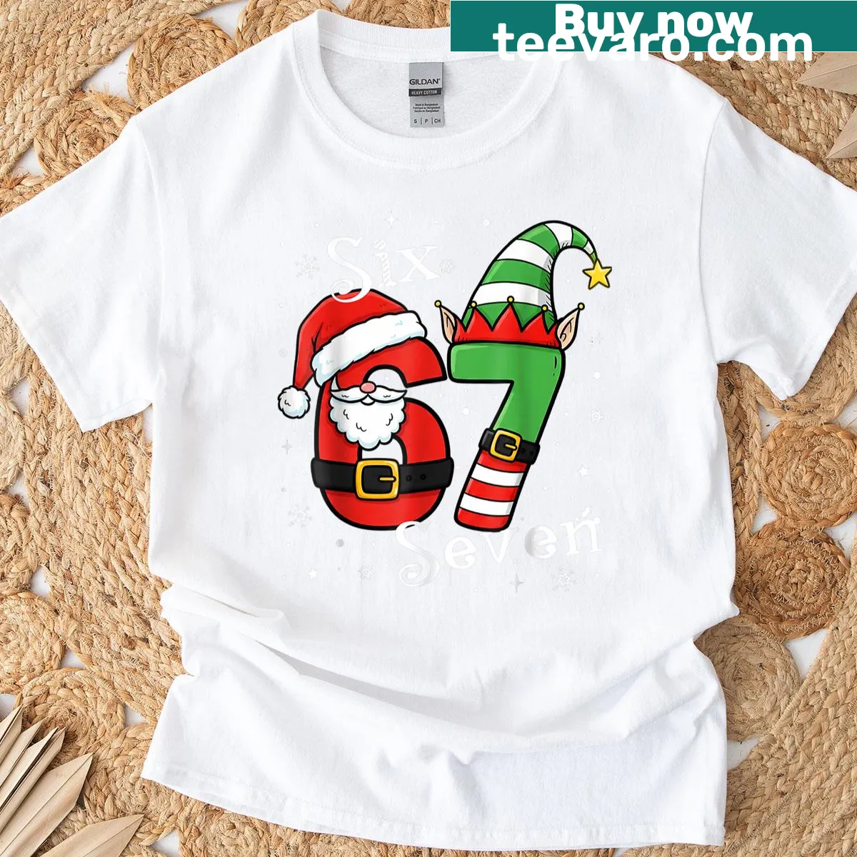 Fun Christmas T-shirt with 'Six Seven' meme and Santa graphics — on a men's t-shirt
