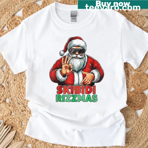 Funny meme Santa Christmas t-shirt with 'skibidi Rizzmas' text