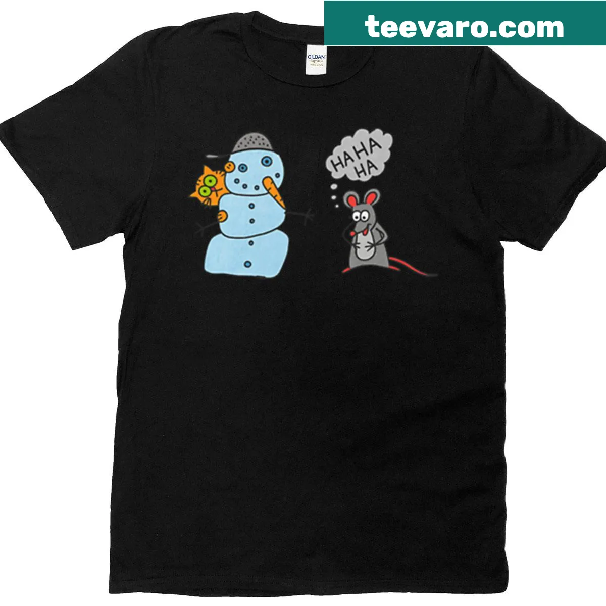 Cute cartoon snowman with a cat and mouse on a T-shirt — on a men's t-shirt
