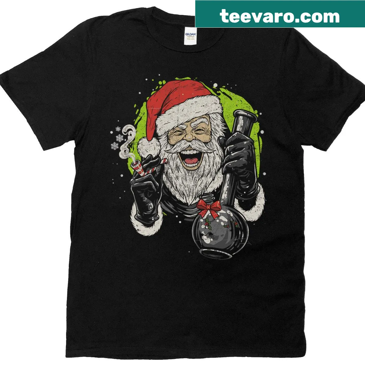 Cannabis-themed Santa graphic on a humorous T-shirt — on a men's t-shirt