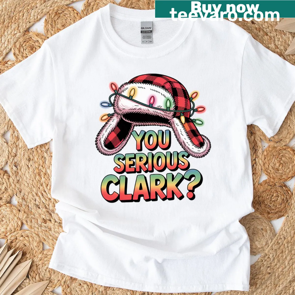 Funny holiday t-shirt with 'You Serious Clark' text — on a men's t-shirt