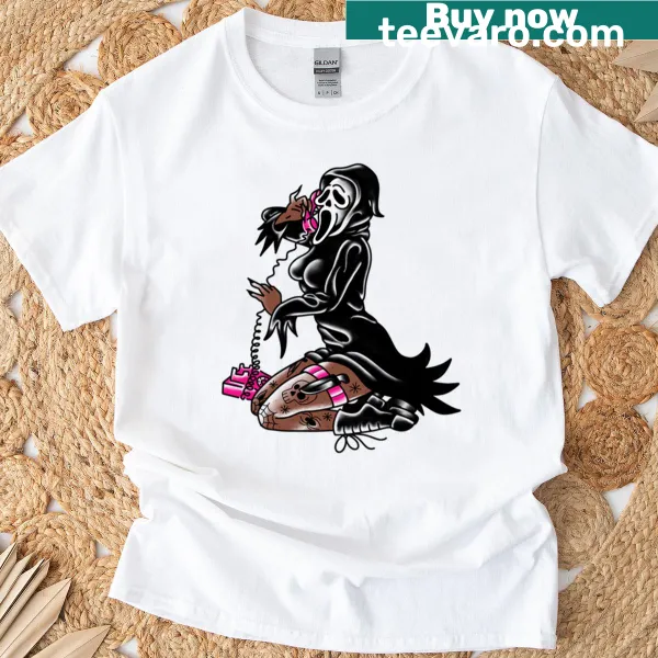 Pinup-style T-shirt featuring Ghost Face graphic design