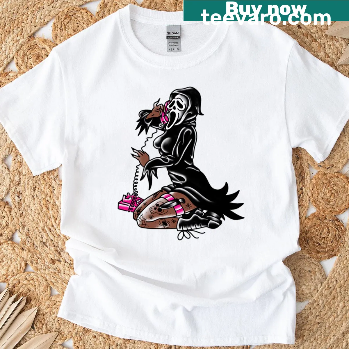 Pinup-style T-shirt featuring Ghost Face graphic design — on a men's t-shirt