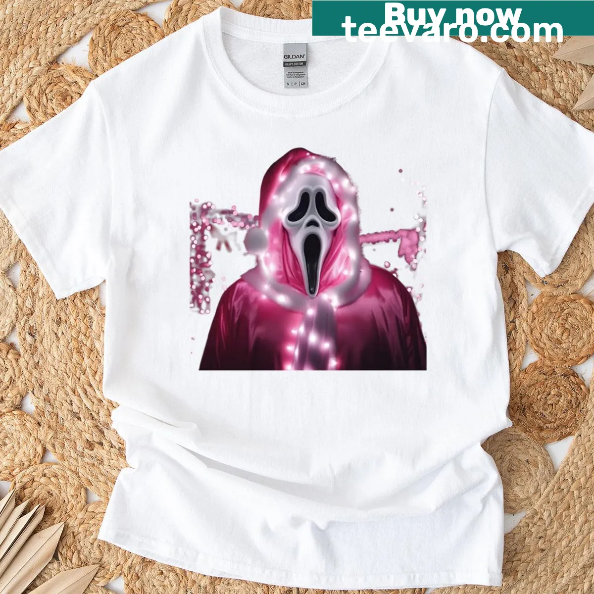 Ghostface-themed Christmas T-shirt with horror elements — on a men's t-shirt
