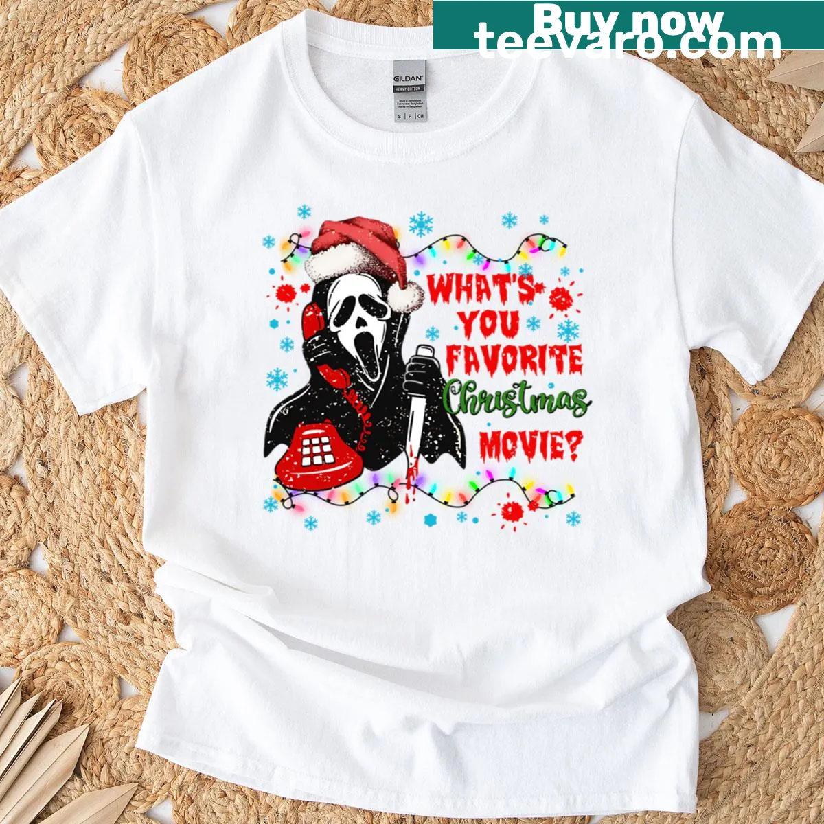 Fun Christmas movie-themed t-shirt with Ghostface design. — on a men's t-shirt