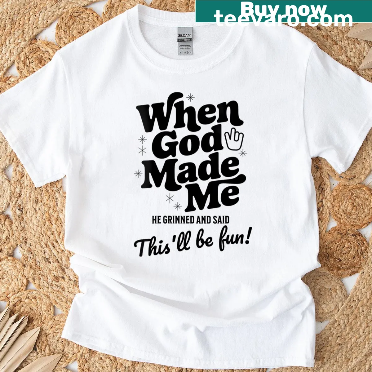 Vintage-style T-shirt with 'God Made Me' quote — on a men's t-shirt