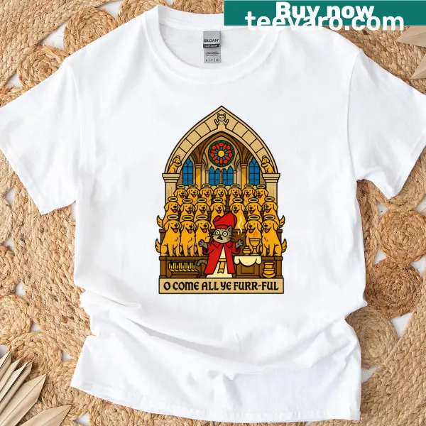 Golden Retriever and church illustration on T-shirt