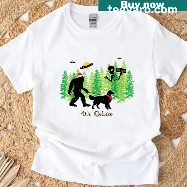 Funny Golden Retriever and Bigfoot Christmas T-shirt design