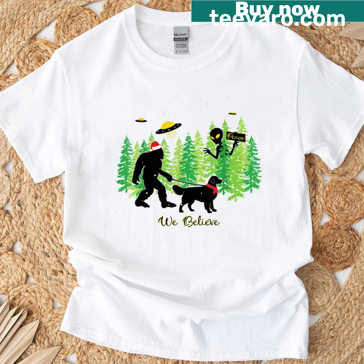 Funny Golden Retriever and Bigfoot Christmas T-shirt design — on a men's t-shirt