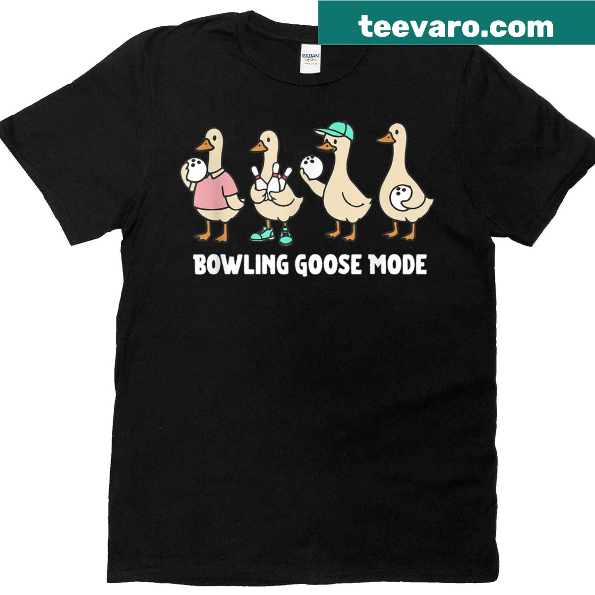 Cartoon goose bowling design on a humorous sports T-shirt — on a men's t-shirt