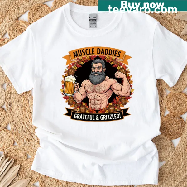 Funny T-shirt featuring cartoon grizzled muscle daddies
