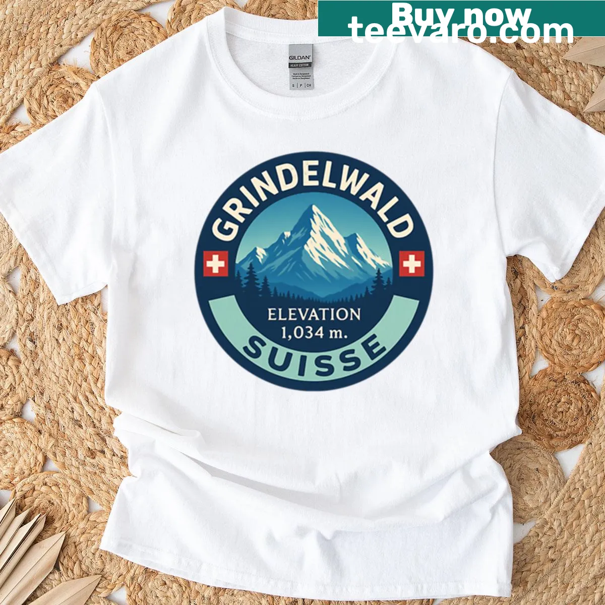 T-shirt featuring Grindelwald and Swiss Alps illustration — on a men's t-shirt