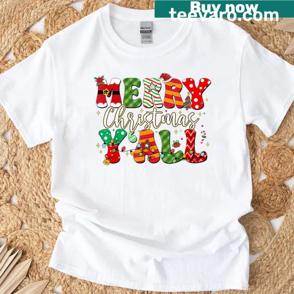 Groovy Merry Christmas Y'all T-shirt with playful typography