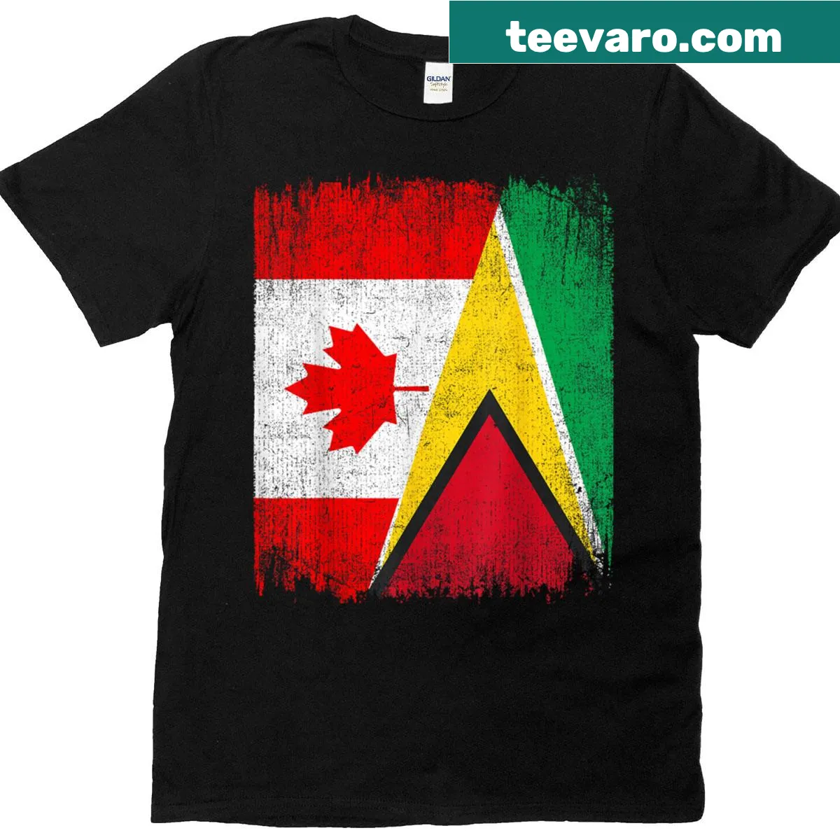 T-shirt with combined Canada and Guyana flag design — on a men's t-shirt