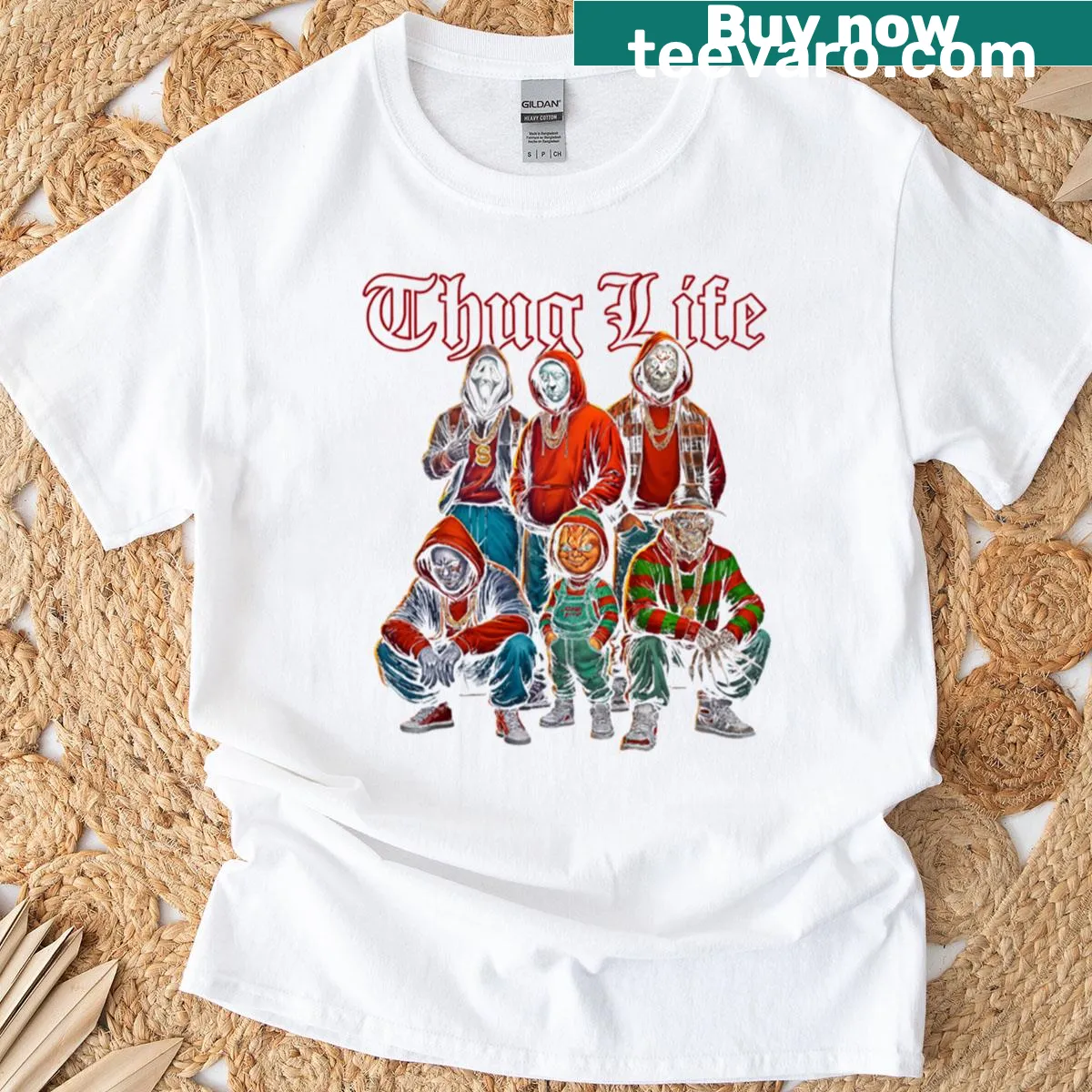 Michael Myers illustration on Halloween themed t-shirt with 'Thug Life' — on a men's t-shirt