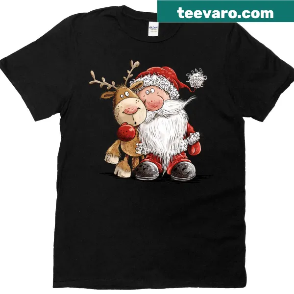 Illustration of happy reindeer and Santa on a Christmas T-shirt