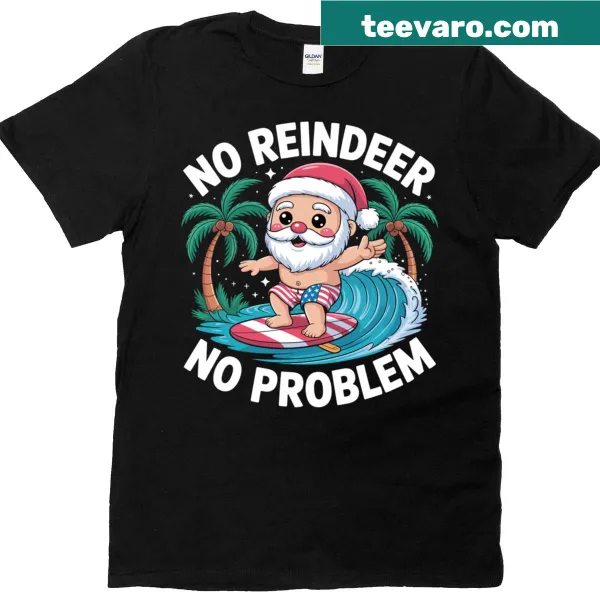 Santa surfing at the beach design on a holiday t-shirt