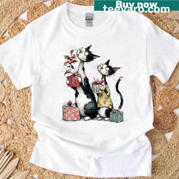 Cute Holiday Cat Helpers T-shirt with festive illustrations