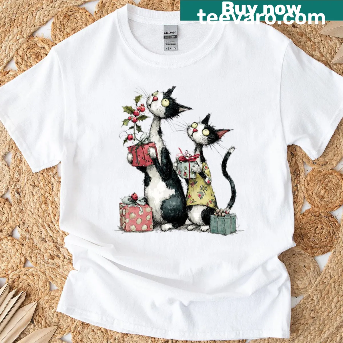 Cute Holiday Cat Helpers T-shirt with festive illustrations — on a men's t-shirt