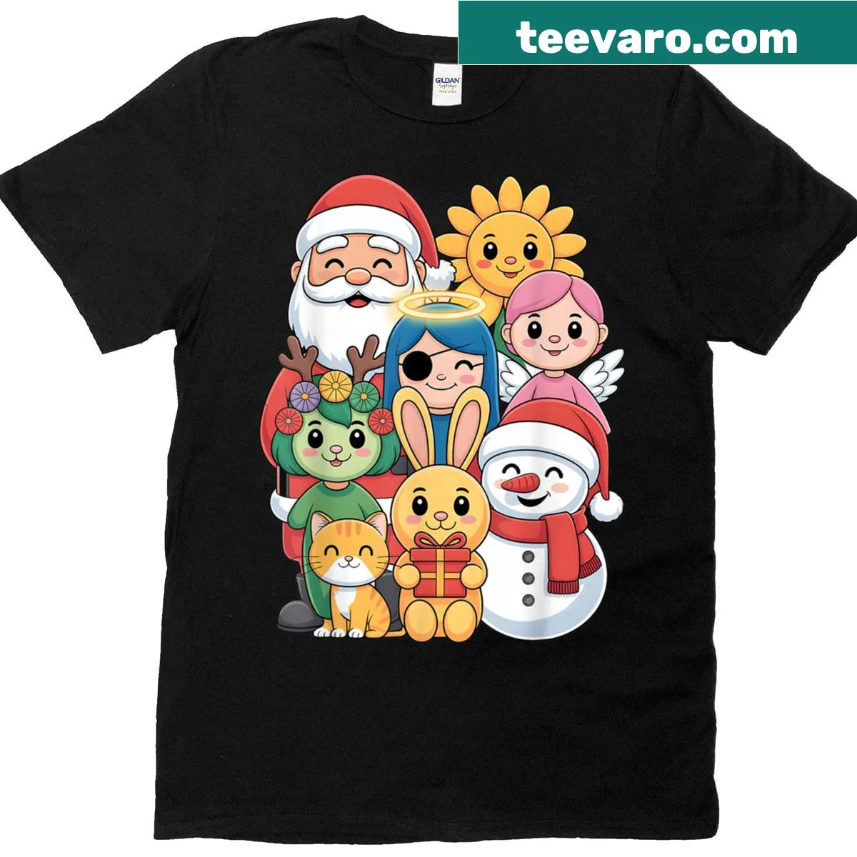 Festive winter t-shirt depicting a snowman, Santa, bunny, and cat angel — on a men's t-shirt