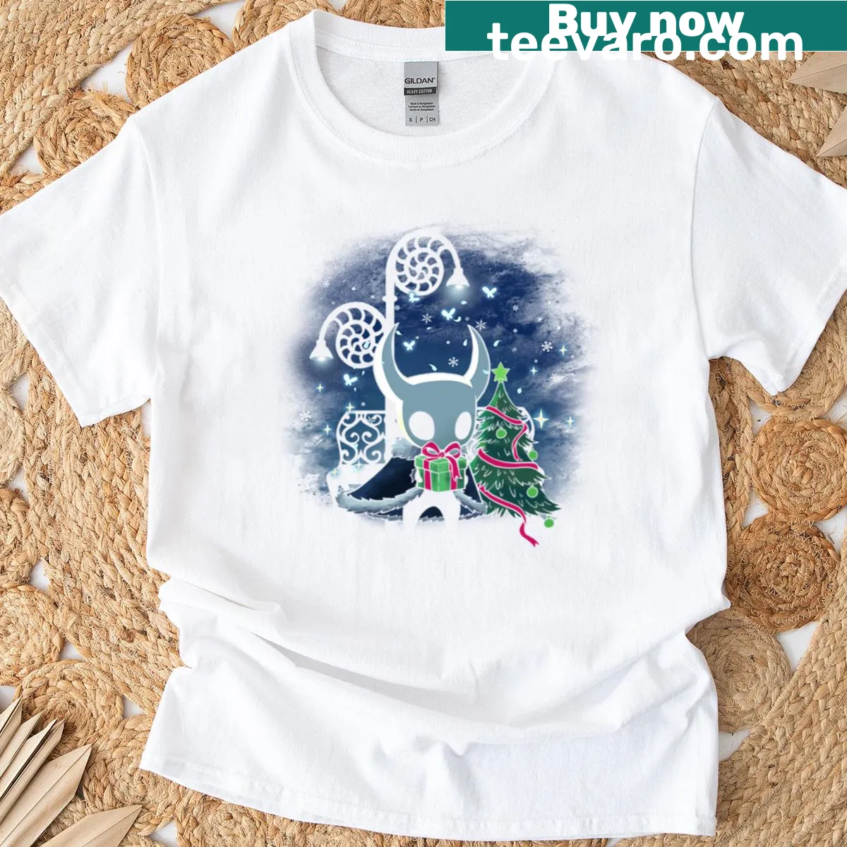 T-shirt depicting a hollow Christmas night scene — on a men's t-shirt