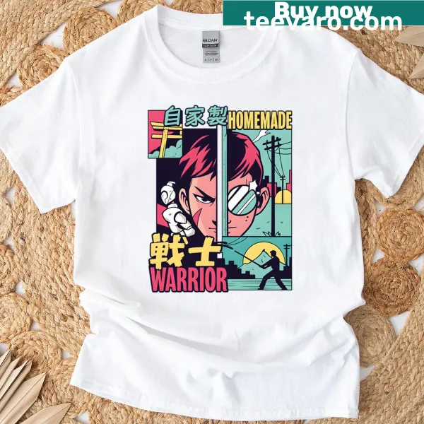 Retro manga action design on a T-shirt featuring a homemade warrior