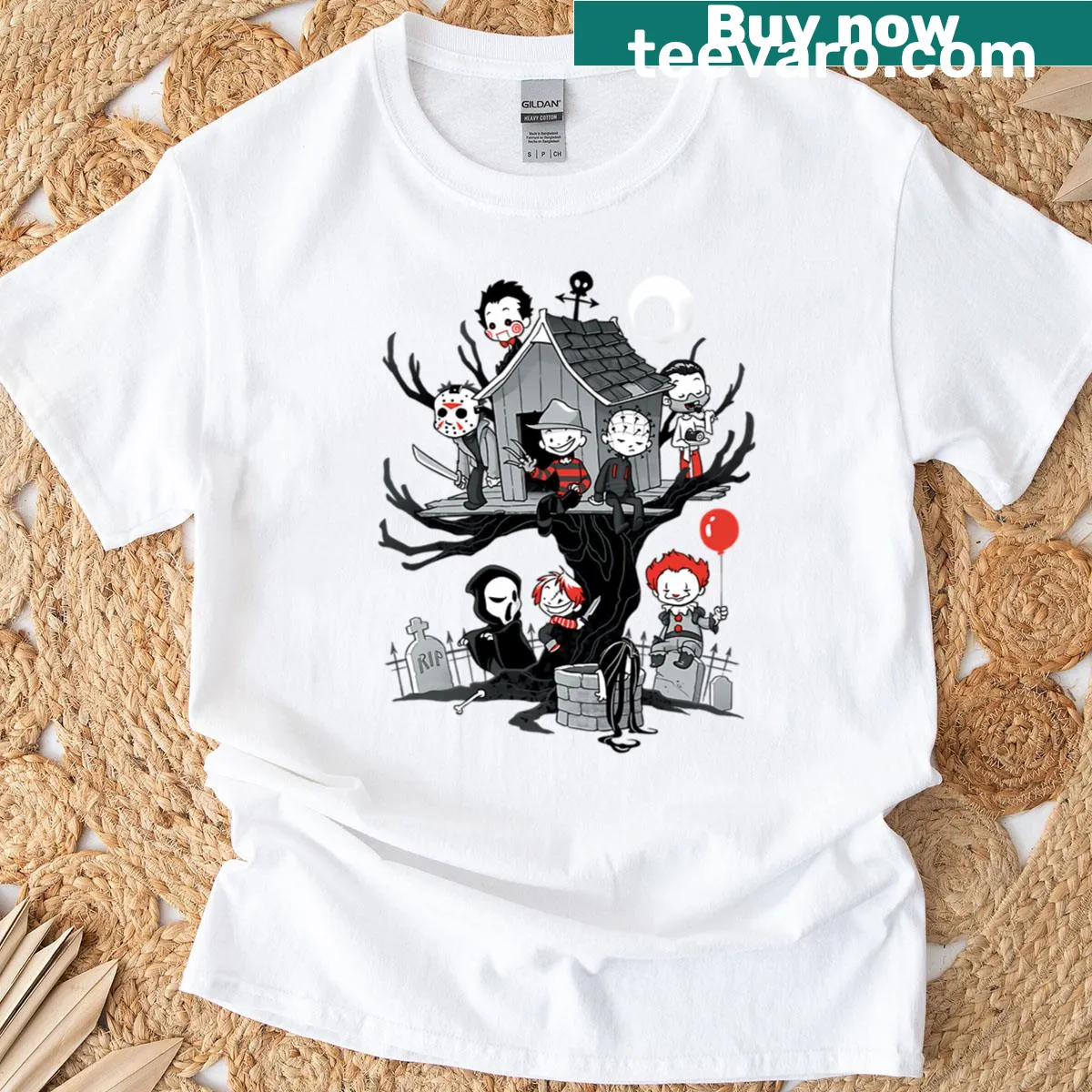 T-shirt featuring a spooky house graphic for horror fans — on a men's t-shirt