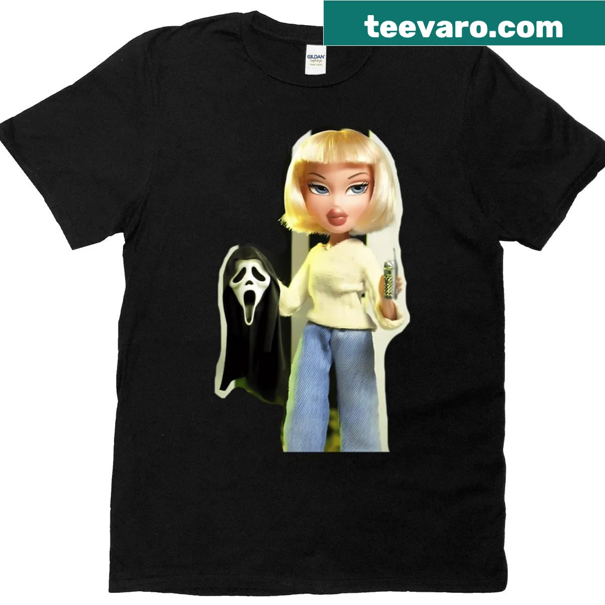 Horror-themed Bratz doll with scream mask graphic T-shirt — on a men's t-shirt