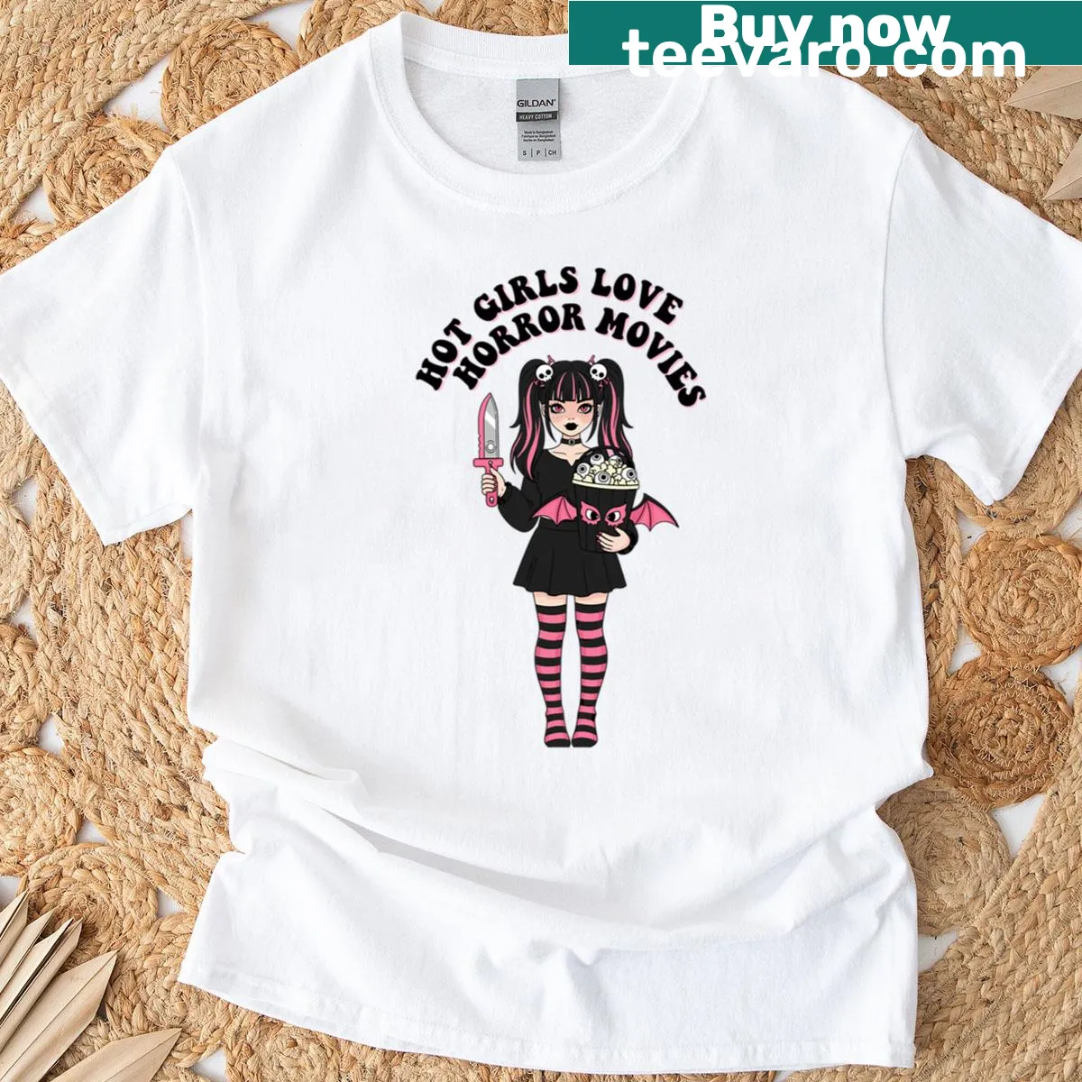 Retro horror-themed t-shirt featuring a stylish horror girl design — on a men's t-shirt