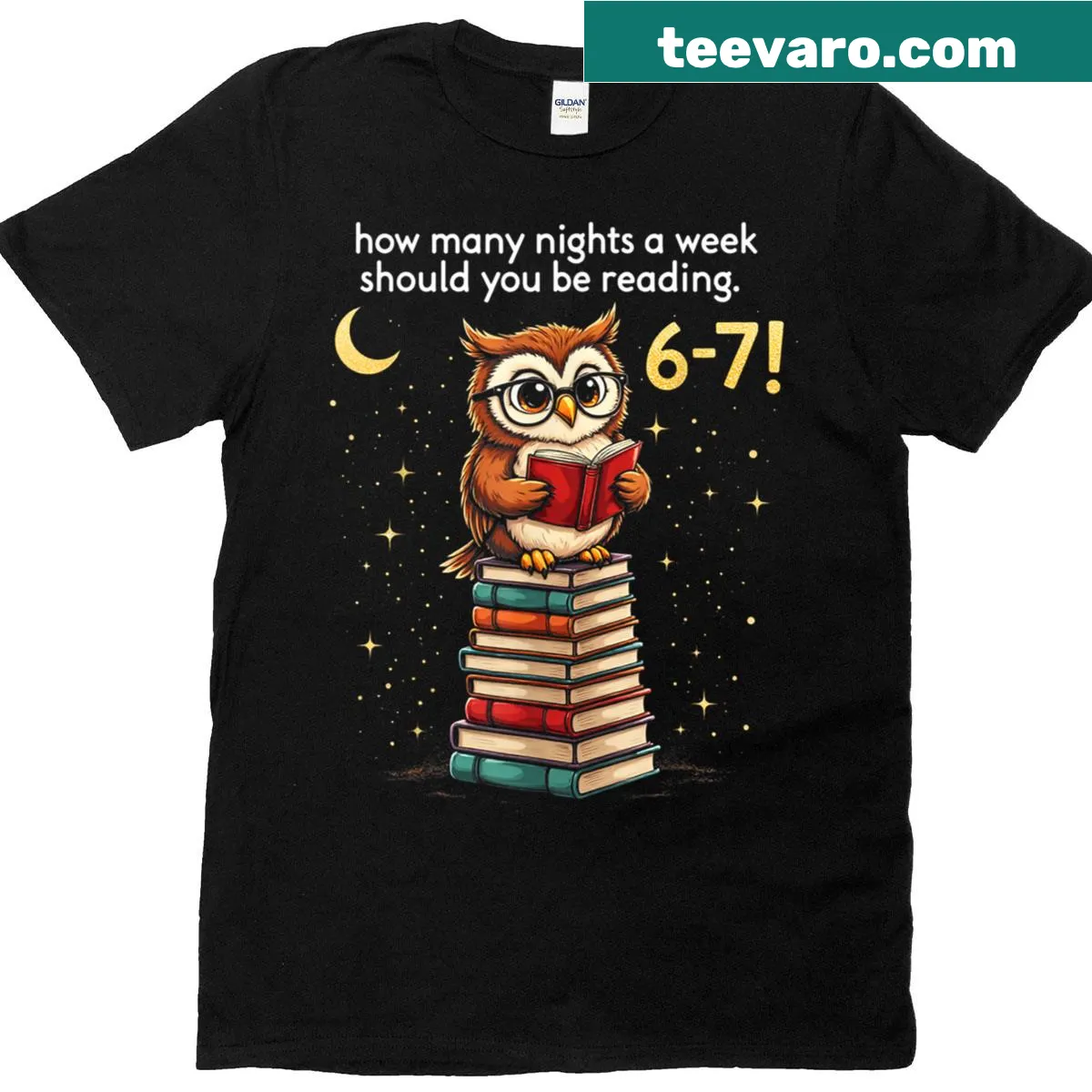 Funny teacher t-shirt with owl asking about reading nights — on a men's t-shirt