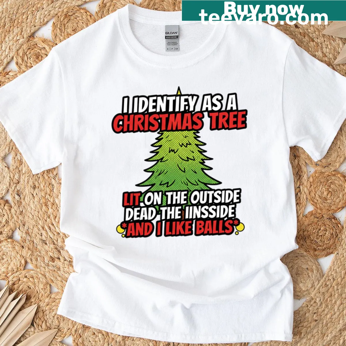 Funny holiday t-shirt with cartoon Christmas tree and sarcastic text — on a men's t-shirt