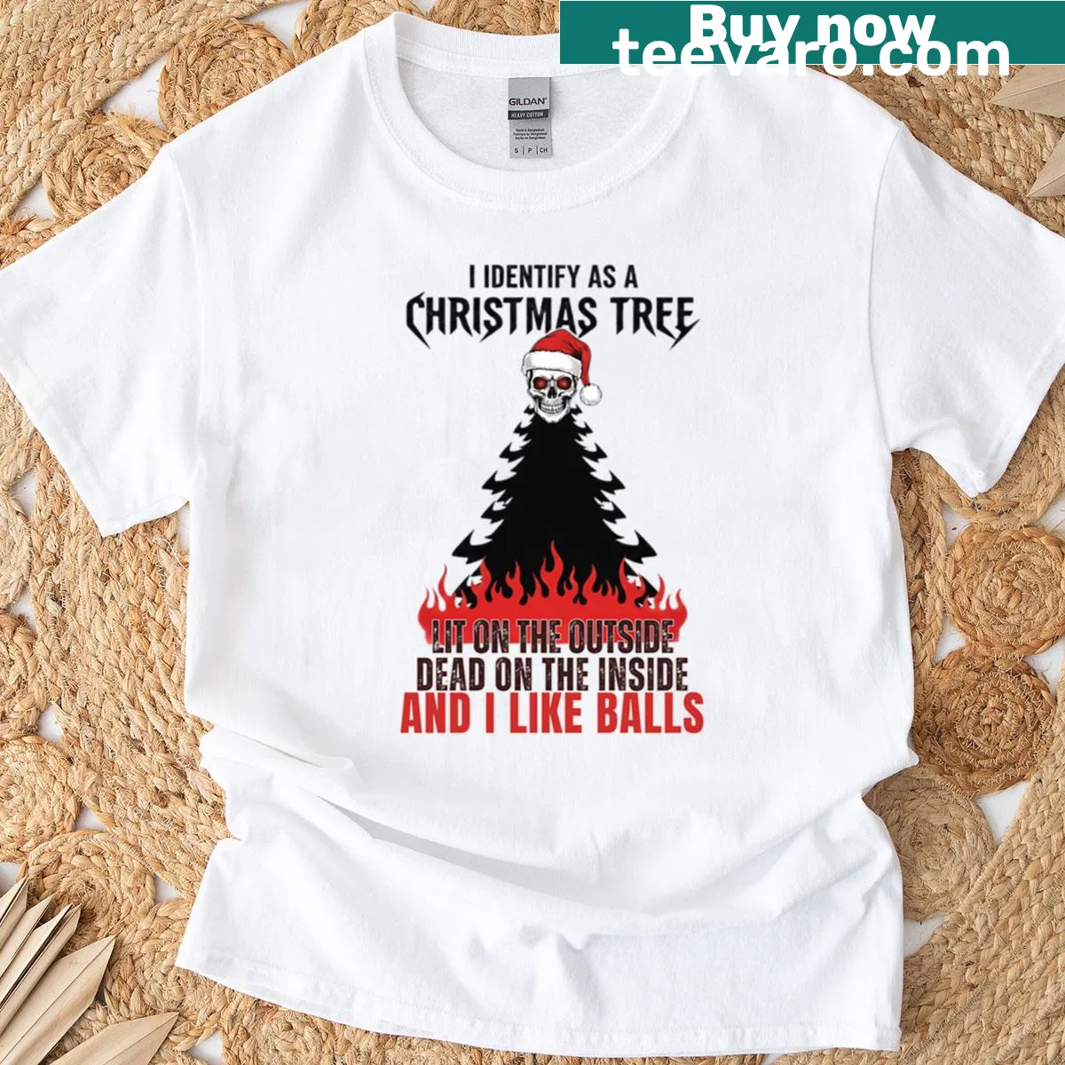 Gothic-themed Christmas tree skull t-shirt with a Santa hat — on a men's t-shirt