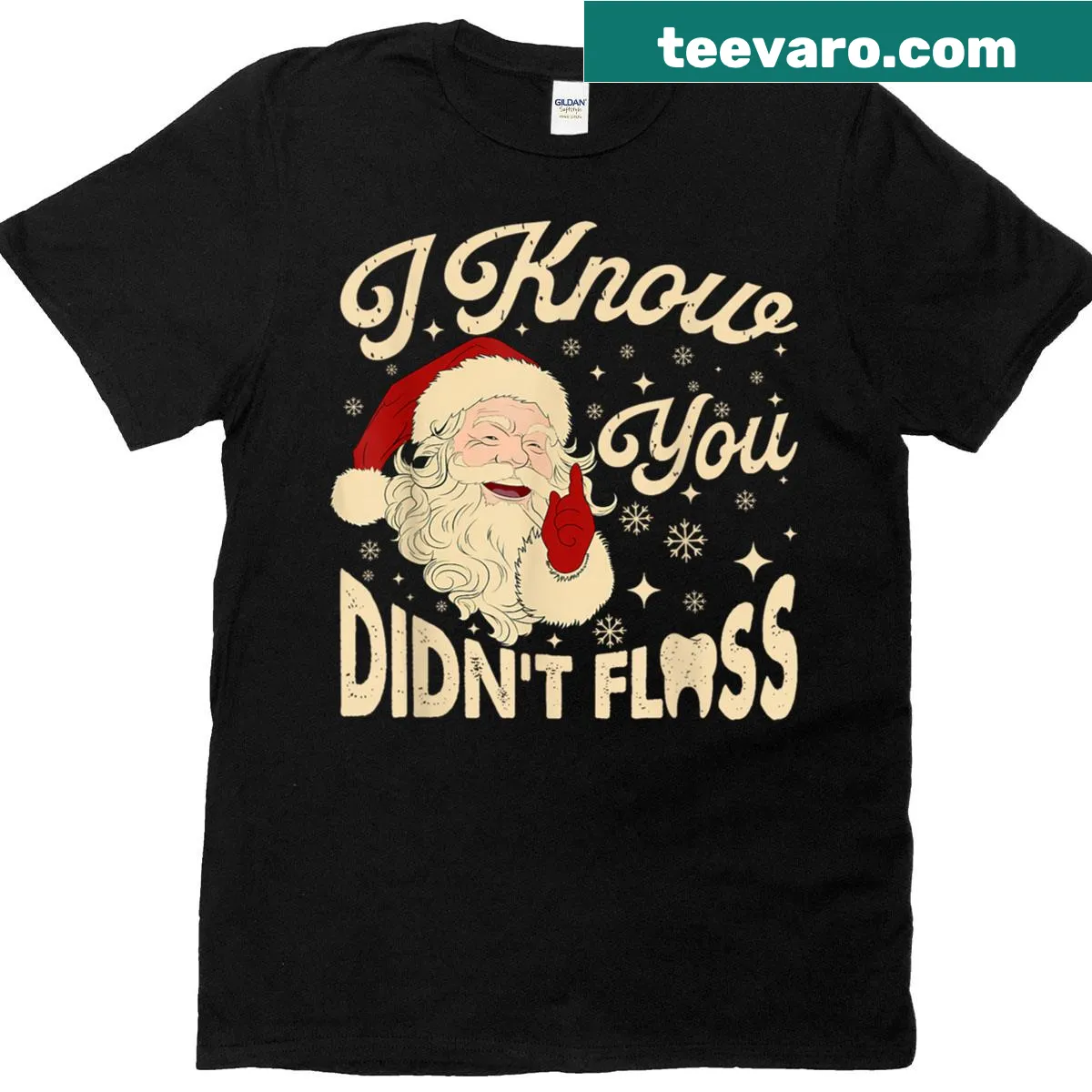 Humorous Christmas t-shirt with Santa and dental hygiene message — on a men's t-shirt