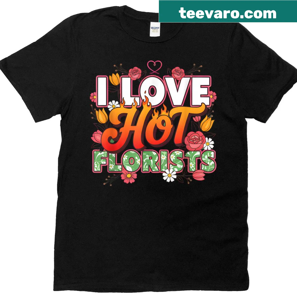 Funny t-shirt celebrating florists with heart illustration — on a men's t-shirt
