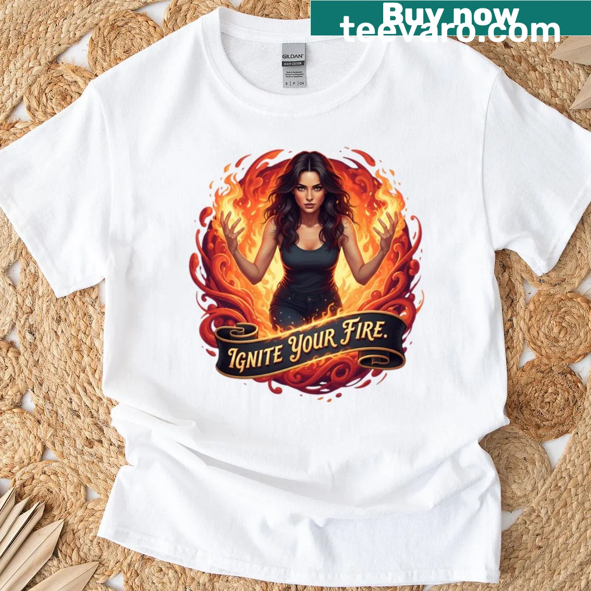 Fierce empowerment t-shirt featuring a flame design with high gloss pop art style — on a men's t-shirt