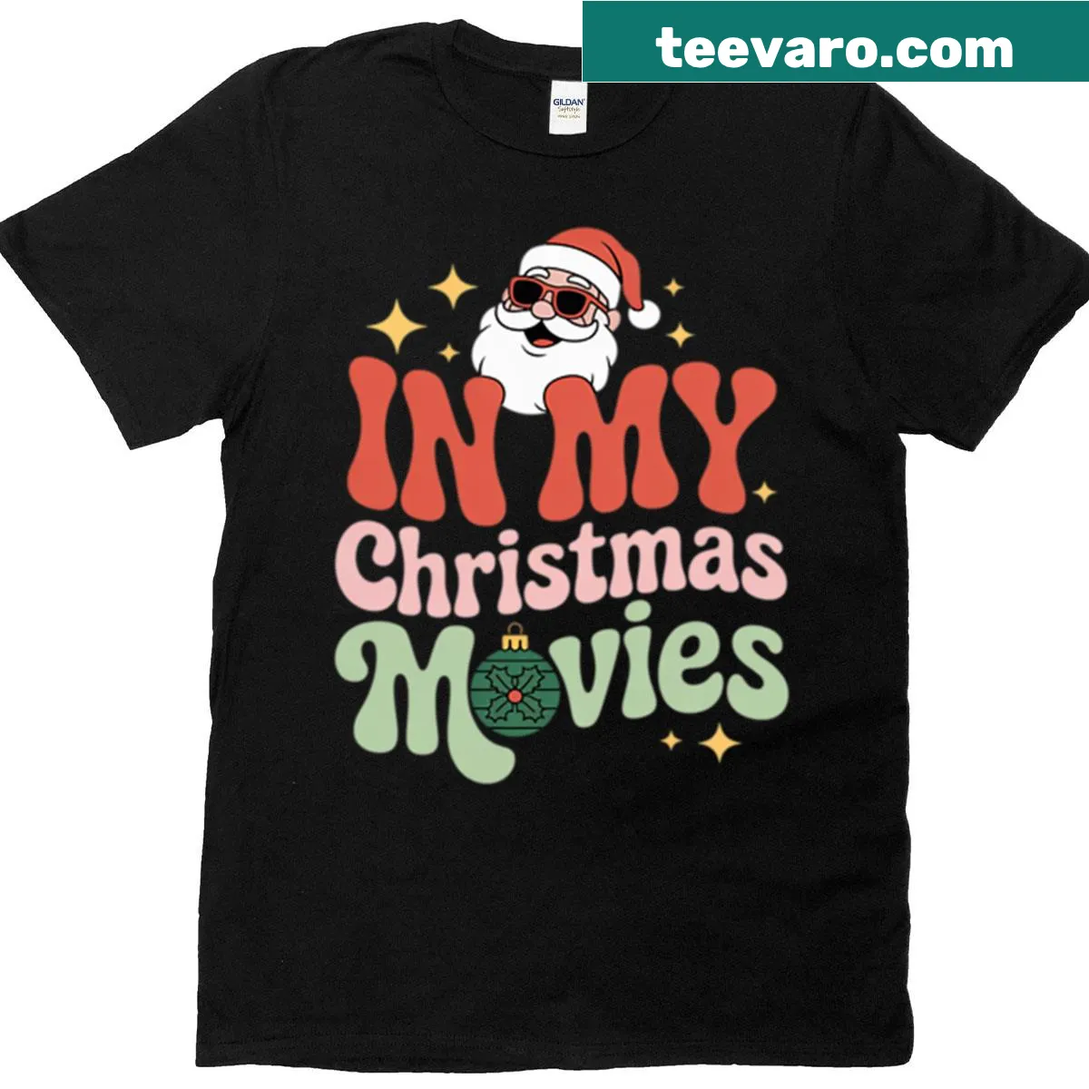 Cute cartoon-style holiday T-shirt celebrating Christmas movies — on a men's t-shirt