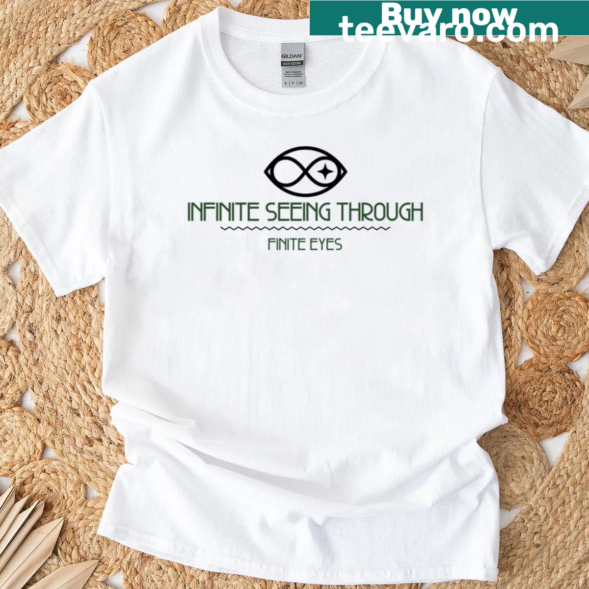 T-shirt with the phrase 'Infinite Seeing Through Finite Eyes' in abstract typography. — on a men's t-shirt