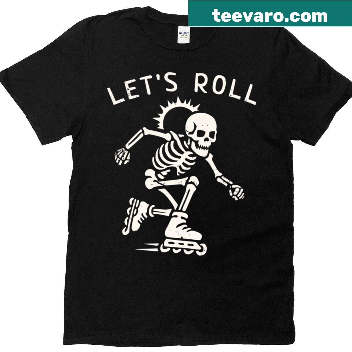 Funny T-shirt with a skeleton roller blading and humorous text — on a men's t-shirt