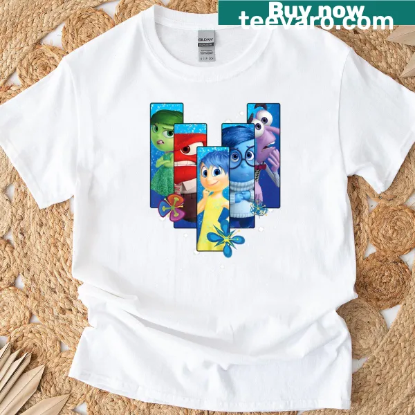 Cartoon vintage movie-themed t-shirt featuring Inside Out emotions graphic