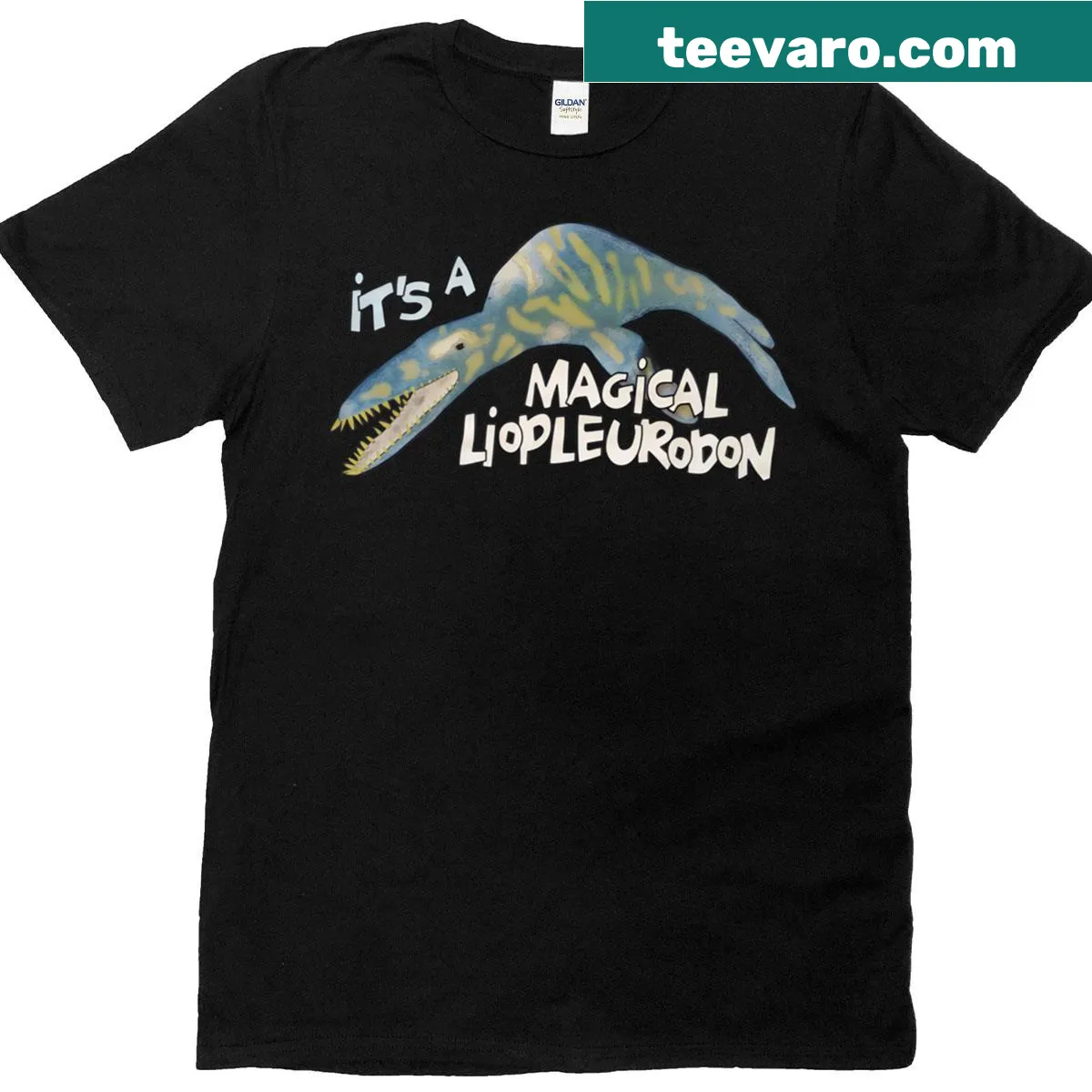Playful T-shirt featuring a magical Liopleurodon illustration — on a men's t-shirt