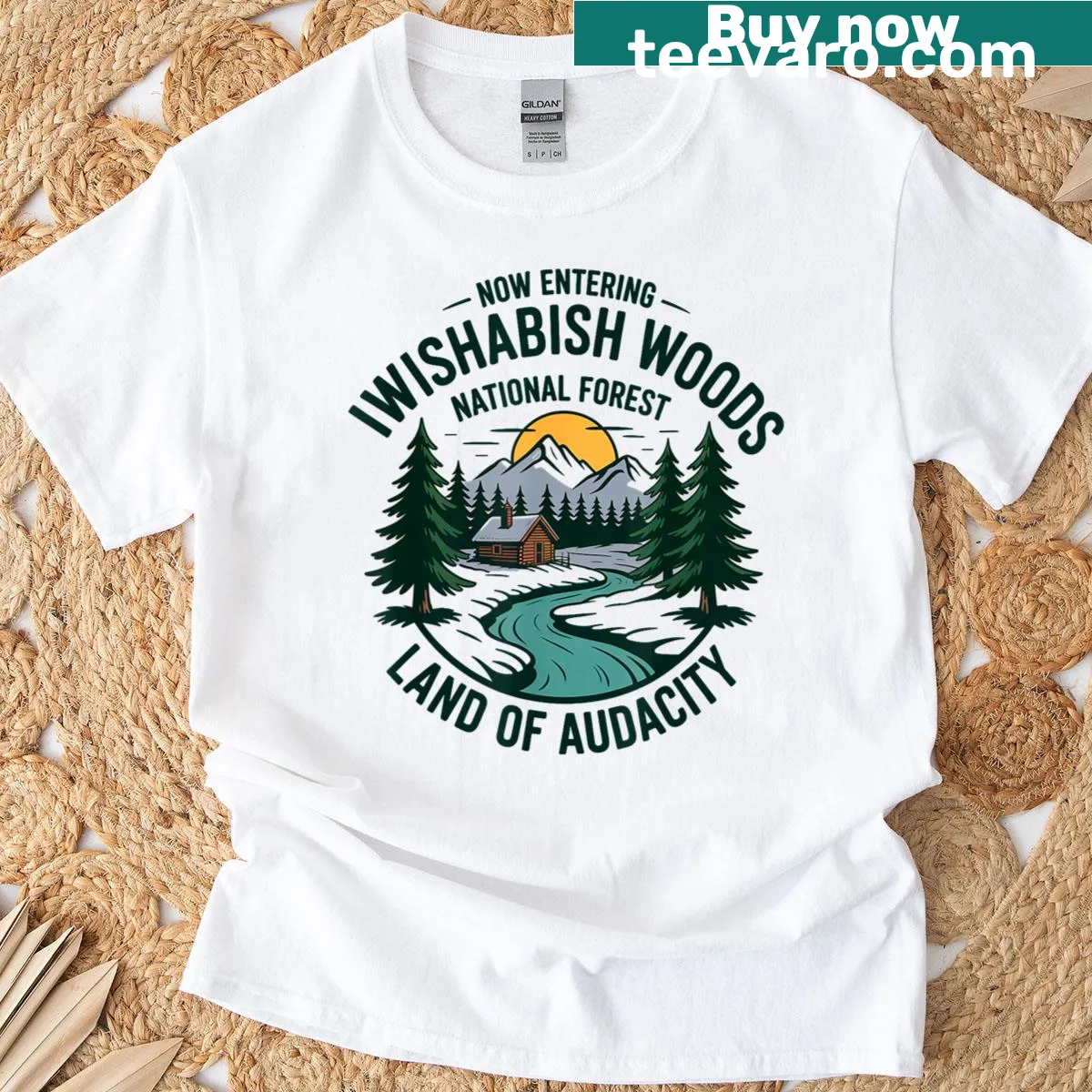 Badge-style emblem representing Iwishabish Woods National Forest — on a men's t-shirt