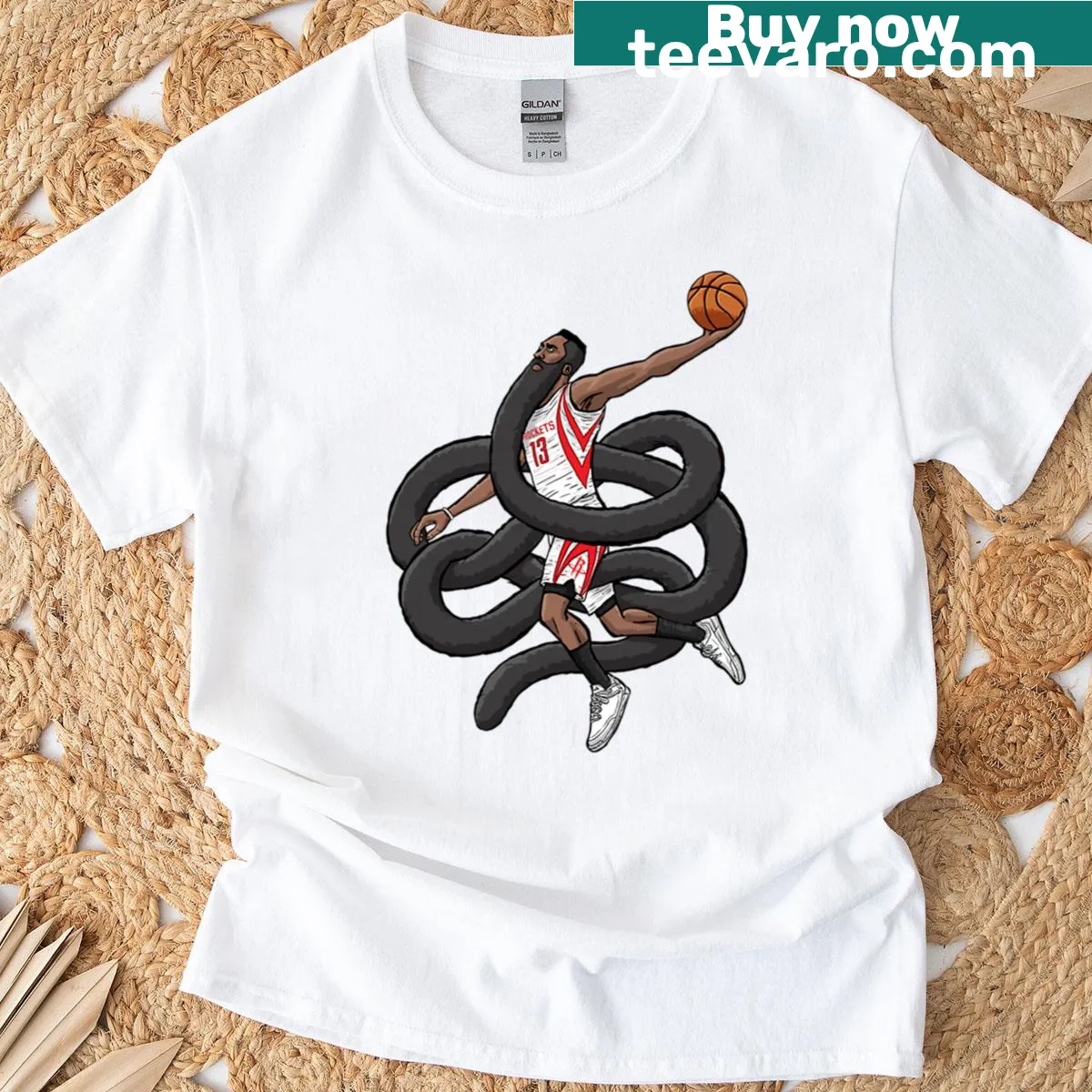 Surreal illustration t-shirt featuring James Harden mid-dunk. — on a men's t-shirt