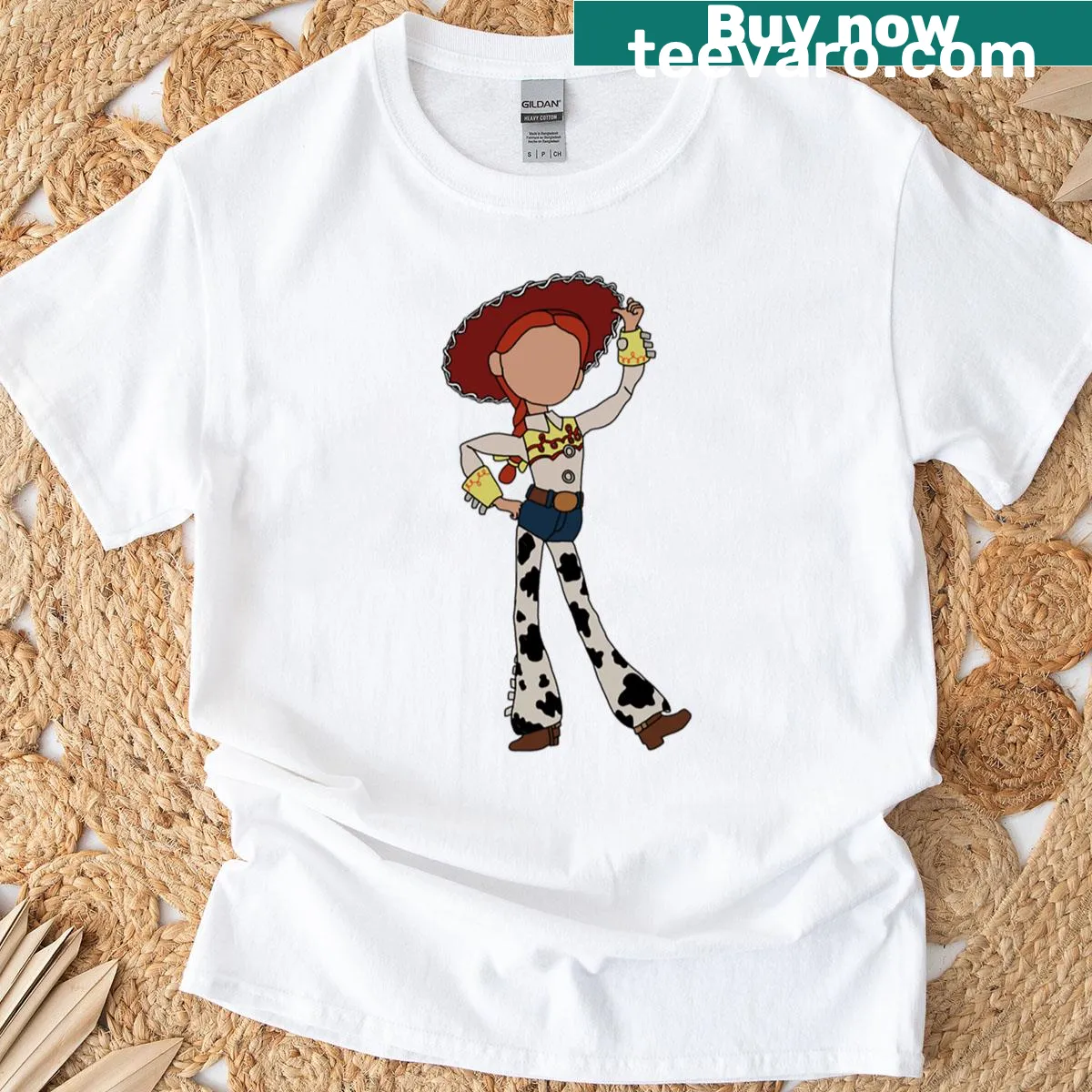 Illustration of Jessie, Woody, and Buzz from the toy franchise on a T-shirt — on a men's t-shirt
