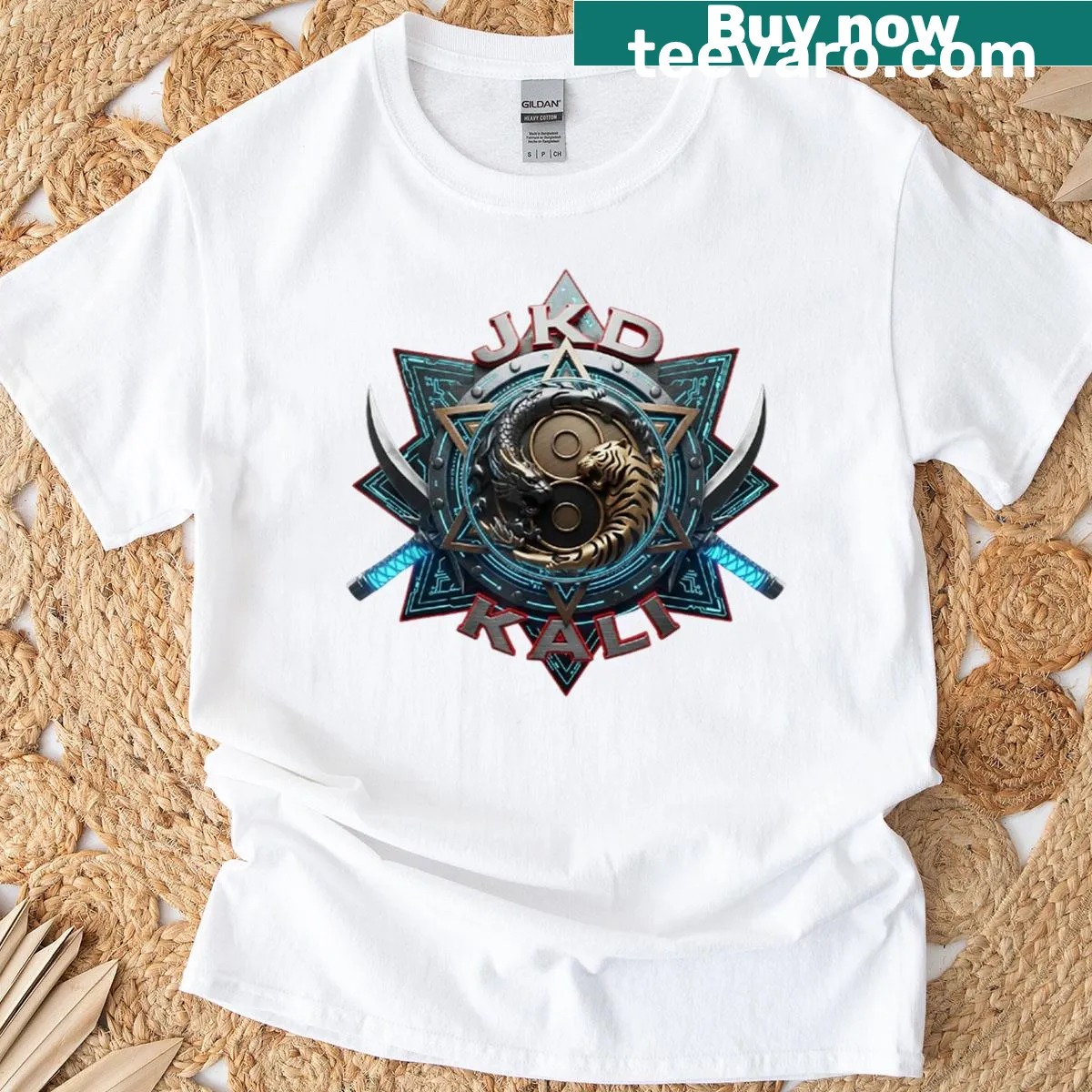 Yin yang design featuring dragon and tiger on T-shirt — on a men's t-shirt