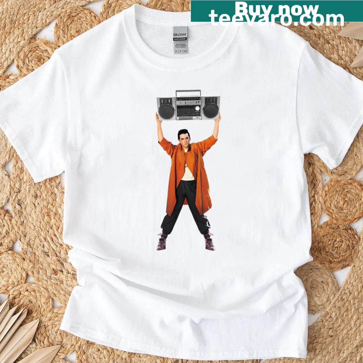 Illustration of a boombox inspired by the movie Say Anything — on a men's t-shirt